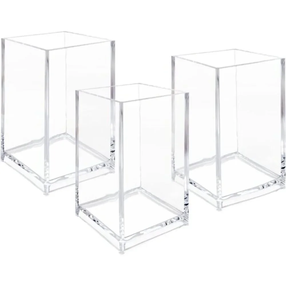 3-Pack Clear Acrylic Makeup Brush & Pencil Holders for Desk or Vanity Storage